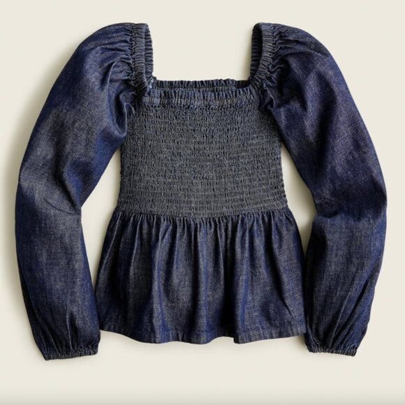 J. Crew Puff Sleeve Chambray Smocked Top in Birch Wash NWT - Picture 5 of 13